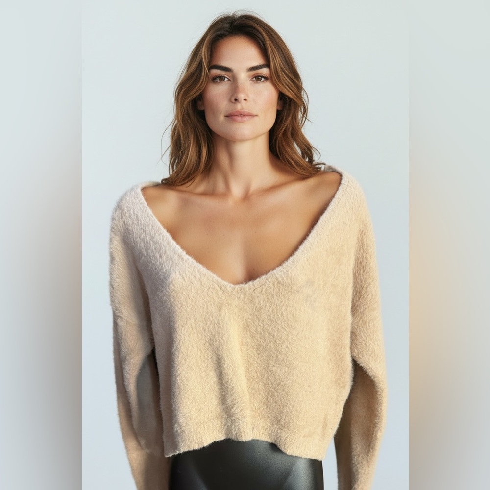 Plush Deep V-Neck Sweater in Cream